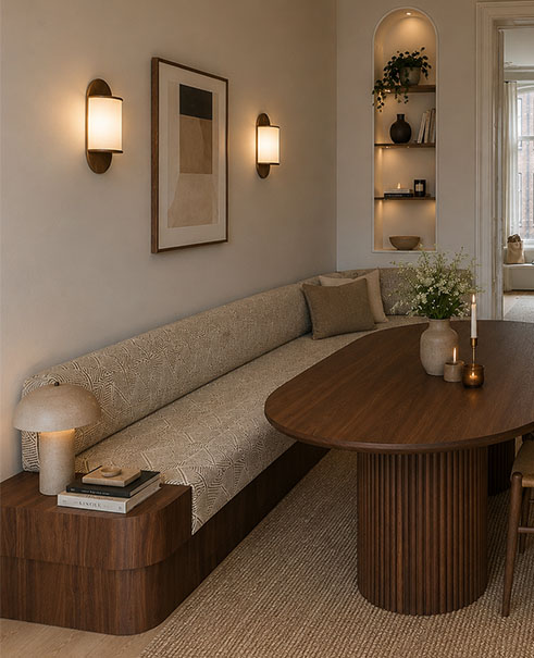Luxe eetkamerbank met ronde hoeken in een woonkeuken