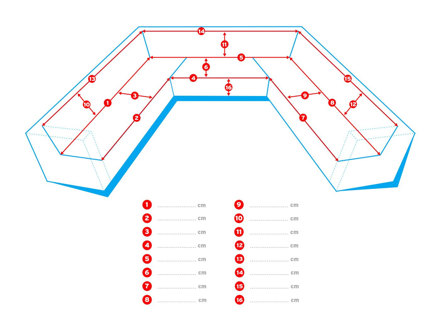 Opmeetschema voor een U-bank met genummerde maten